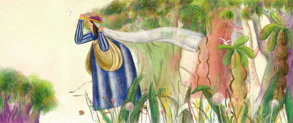 Illustration from the children's picture book Dancing Boat, written by Nezha Lakhal and illustrated by Narjes Mohammadi. A whimsical story featuring animals, music, and a tiny walnut shell boat adventure.