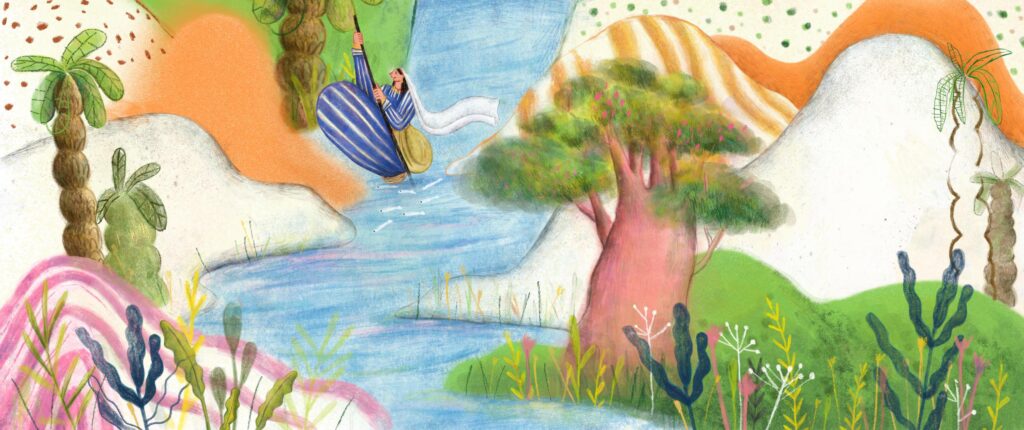Illustration from the children's picture book Dancing Boat, written by Nezha Lakhal and illustrated by Narjes Mohammadi. A whimsical story featuring animals, music, and a tiny walnut shell boat adventure.