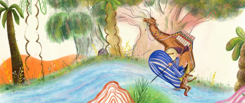 Illustration from the children's picture book Dancing Boat, written by Nezha Lakhal and illustrated by Narjes Mohammadi. A whimsical story featuring animals, music, and a tiny walnut shell boat adventure.